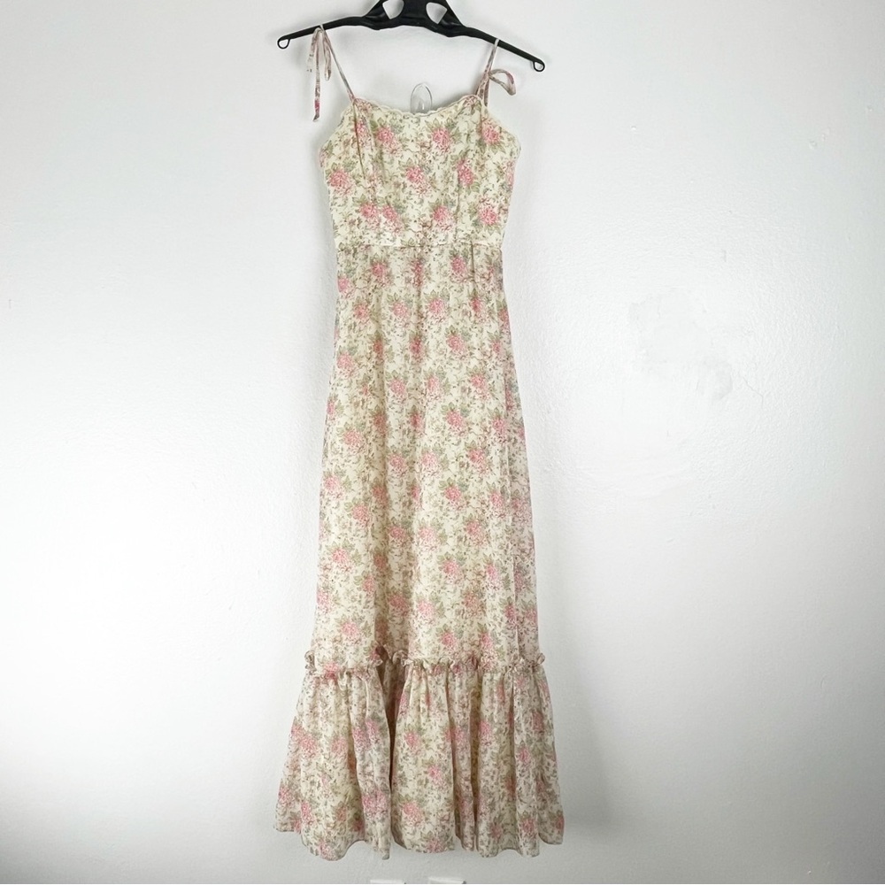 AMERICAN VINTAGE Floral Lace Trim Tie Shoulder Straps Back Zipper Maxi Dress 7/8